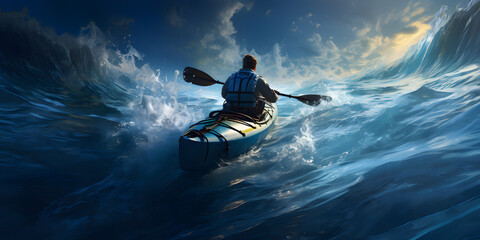 Paddling the kayak in the calm in rough water, Extreme sports concept