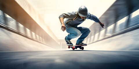 skateboarder jumping in action on the street, Extreme sports concept