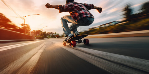 skateboarder in action motion on the road, Extreme sports concept