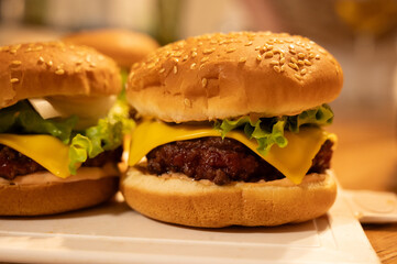 Closeup view of yummy homemade cheesburgers