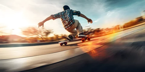 Rolgordijnen skateboarder in action motion on the road, Extreme sports concept © Black Pig