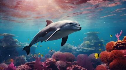 An underwater scene of a Vaquita playfully leaping out of the water, surrounded by vibrant marine life, all in stunning high detail and full ultra HD 8K clarity.