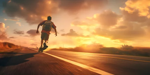 Fotobehang Skateboarder running on road at sunset, Panorama extreme sports concept © Black Pig
