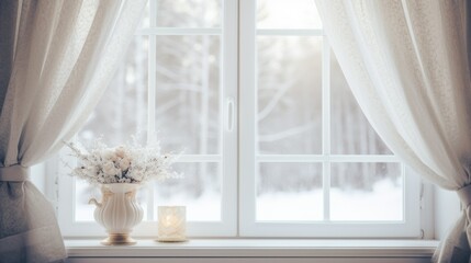 Winter Window empty mockup with view of snow trees landscape. White Window looking on snow covered trees in winter