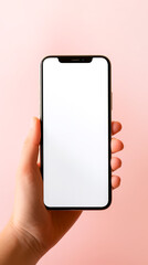 Smartphone mockup, close up hand holding black phone white screen.
