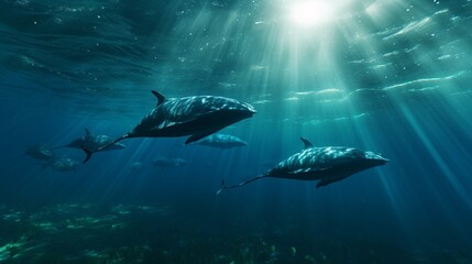 An underwater view of a pod of narwhals gracefully gliding through the deep blue ocean, sunlight filtering down on their sleek bodies.