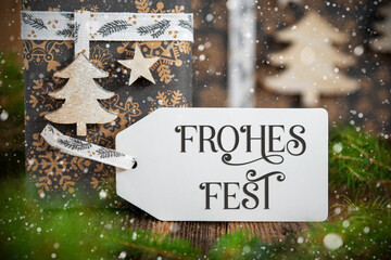 Text Frohes Fest, Means Happy Holidays, Christmas Gifts, Snowy Winter Background