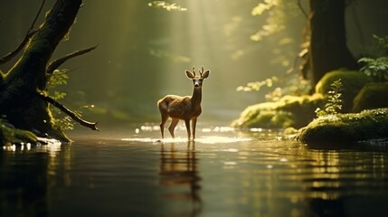 Capturing the elegant silhouette of a Chinese Water Deer as it drinks from a crystal-clear stream in the heart of the forest. - obrazy, fototapety, plakaty