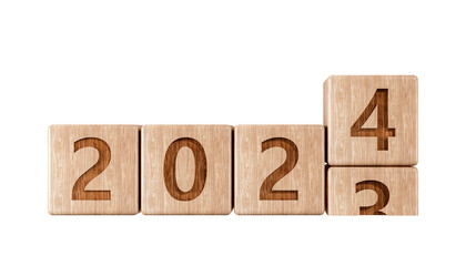 Wooden cube box square 2023 2024 time change calendar. Happy new year. 2024 letter.