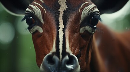Close-up of an Okapi's face, showcasing its unique features and large, expressive eyes in stunning 8K resolution.