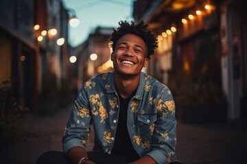 Photo of a beaming young man looking stylish in urban fashion. Generative AI - 674448146
