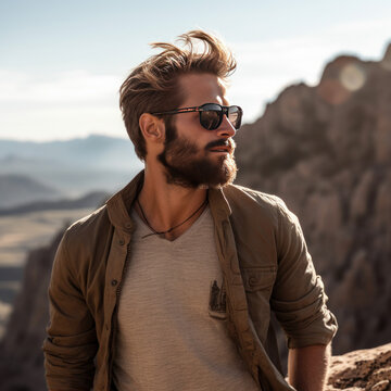 Time for thought. Handsome young bearded male hiker with sunglasses standing on the edge of a canyon looking into the distance 