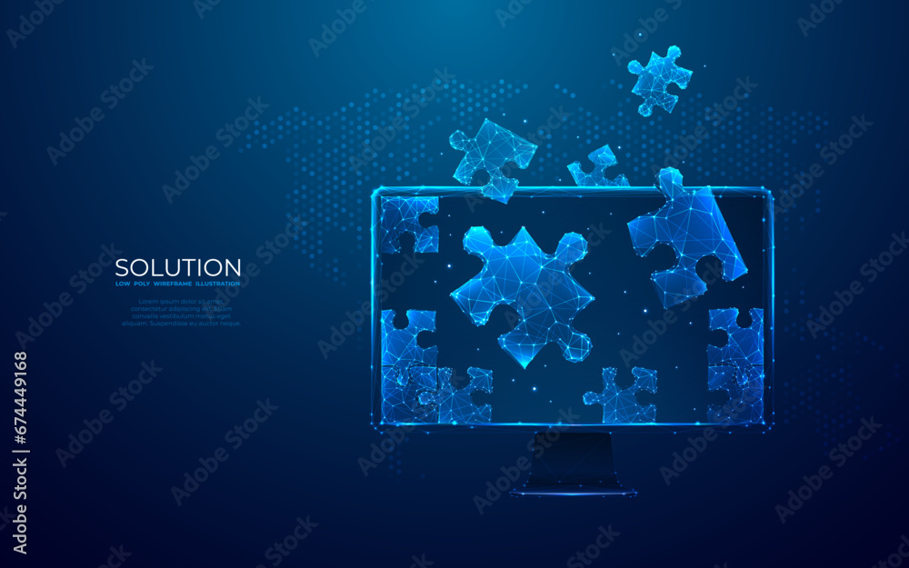 Fototapete Abstract desktop and jigsaw puzzle on screen. Business solution concept on dark background. Monochrome light blue hologram style. Low poly wireframe vector illustration with connected glowing dots.