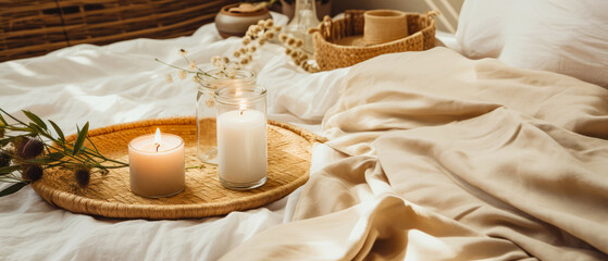 Fototapeta na wymiar Cozy candle composition on tray on linen bad sheet. Romantic still life with soft lights. Romantic mockup, template. relax,ambience. Hotels bedroom. Generative ai. 