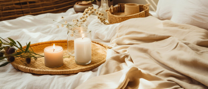 Cozy candle composition on tray on linen bad sheet. Romantic still life with soft lights. Romantic mockup, template. relax,ambience. Hotels bedroom. Generative ai.	