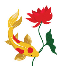Obraz premium Koi carp with lotus flower, hand drawn isolated vector illustration with traditional Asian symbols