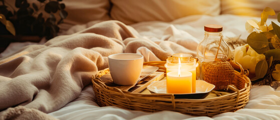 Cozy romantic composition with tray of breakfast on bed linen sheet. still life. Cup of coffee, with foods. warm candle light. Morning relax,ambience. Hotels bedroom. Generative ai.