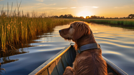 chien vu de dos, assis à l'avant d'une barque dans un marais tôt le matin - obrazy, fototapety, plakaty