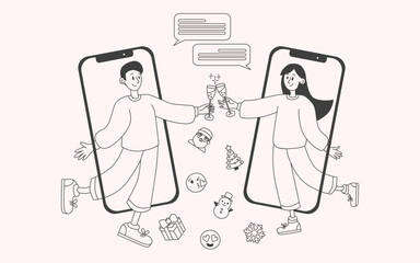 Hand drawn christmas web concept in flat outline design with characters. Woman and Man celebrate Christmas keeping in touch via mobile phone.