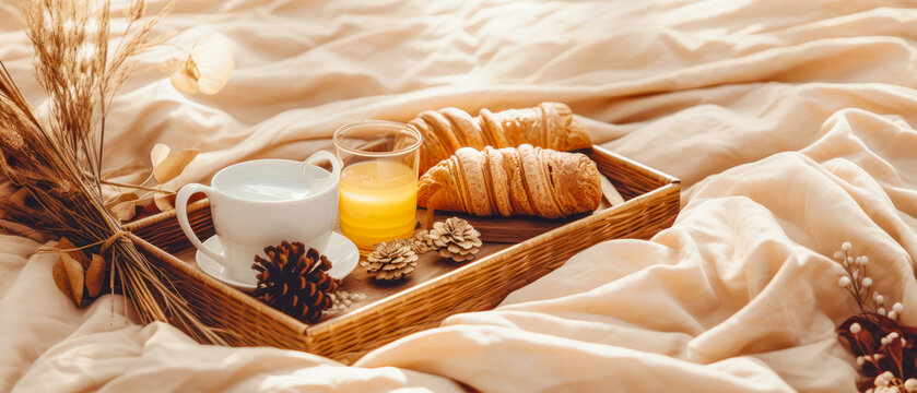 Romantic composition with tray of breakfast on bed linen sheet. still life. Morning relax,ambience. Hotels bedroom. Fall or winter leisure. Generative ai.