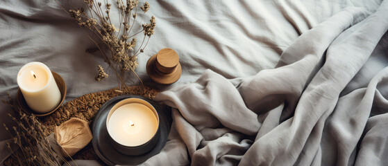 Close up of candle composition on tray on linen bad sheet. Top view, flat lay, Romantic still life with breakfast. Romantic mockup, template. Morning relax,ambience.Hotels bedroom.Generative ai. - obrazy, fototapety, plakaty
