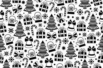 Seamless stylized, abstract Christmas pattern. Endless repeating pattern with Christmas design elements and decorations.