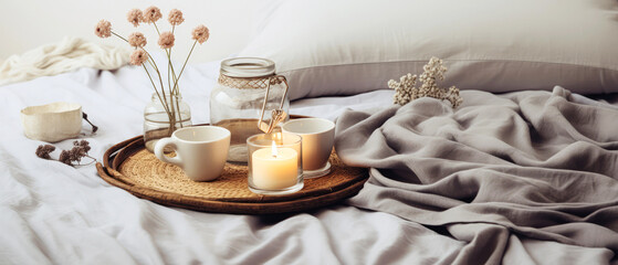 Cozy romantic composition with tray of breakfast on bed linen sheet. still life. Cup of coffee, with foods. warm candle light. Morning relax,ambience. Hotels bedroom. Generative ai. - obrazy, fototapety, plakaty