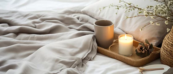 Foto op Plexiglas Cozy romantic composition with tray of breakfast on bed linen sheet. still life. Cup of coffee, with foods. warm candle light. Morning relax,ambience. Hotels bedroom. Generative ai. © Inai