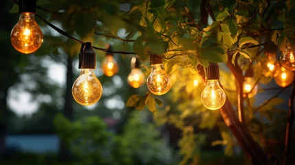 Fotobehang Garden string lights with bulbs in the summer © pixcel3d