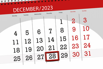 Calendar 2023, deadline, day, month, page, organizer, date, December, thursday, number 28