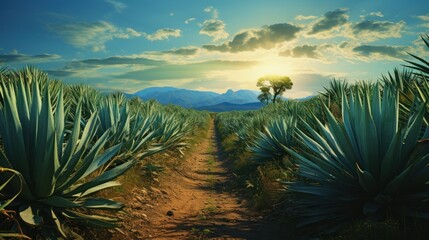 image capturing a pathway stretching into a field filled with agave plants. - obrazy, fototapety, plakaty