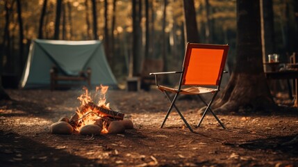 Chair next to a camp fire in the middle of the woods