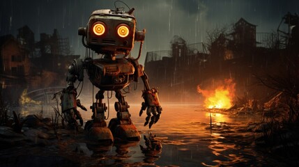 Solitude in Ruins: A Rustic Robot's Contemplation Amidst Apocalyptic Decay