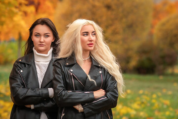 Portrait of two friends of young beautiful long-haired girls.