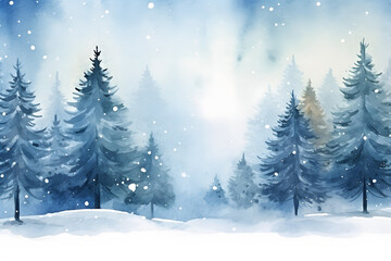 Naklejka premium Beautiful watercolor style drawing with trees with falling snow in winter landscape and copy space