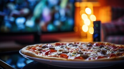 pizza and remote control in living room for tv shows and series