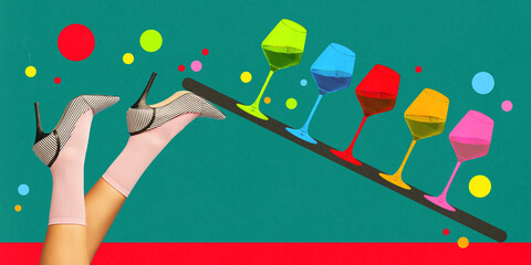 Female legs on heels and colorful wine glasses. Festive mood, celebration. Contemporary art collage. Poster. Concept of party, alcohol drink, inspiration, fun, Complementary colors. Bright design