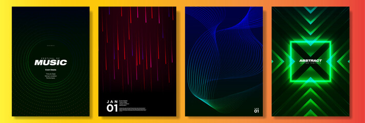 Set of Neon Abstract Poster Templates. Futuristic Cyber Backgrounds. Glowing Lines, Neon shapes, abstract shapes, geometric arrow speed lines. Colorful tech posters. Vector Illustration.
