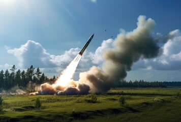 a military missile in flight against the sky. warhead, atomic bomb, chemical weapons