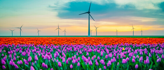 Windmill Park at sunset with a field of tulip flowers in the Netherlands Europe, windmill turbines in Flevoland Netherlands © Fokke Baarssen