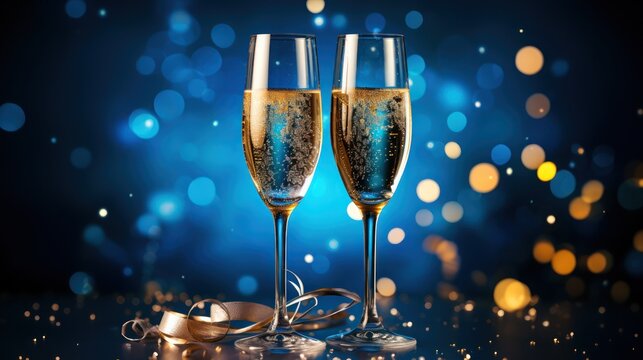 Glasses of champagne stand against a backdrop of gold and blue at the New Year's fiesta.