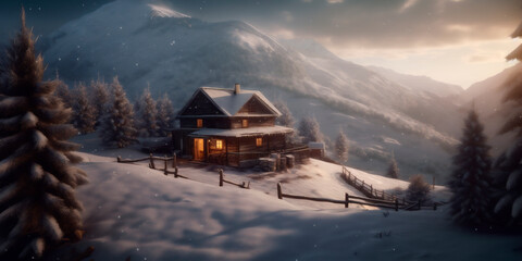 Generative Ai image of a log cabin in snowy woods at night, christmastime card.