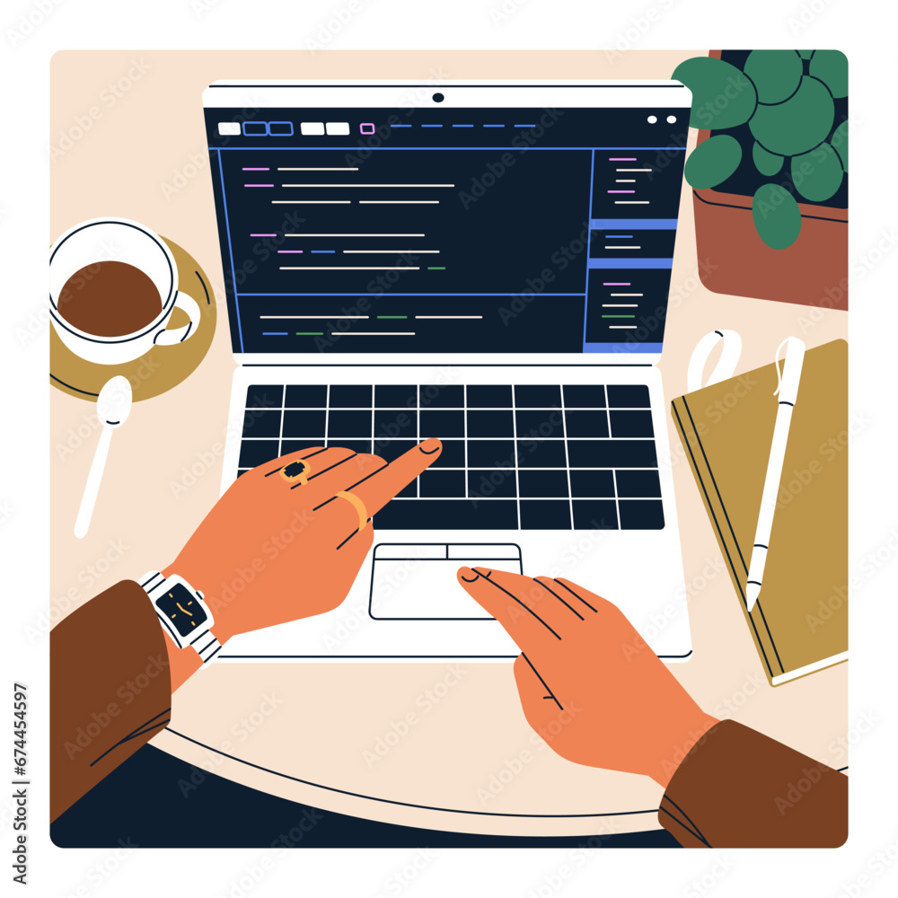 Aufkleber Hands work online at laptop computer at desk. Programmer, coder at workplace, table. Software engineer developing, writing code. Developer programming at notebook, PC. Flat vector illustration