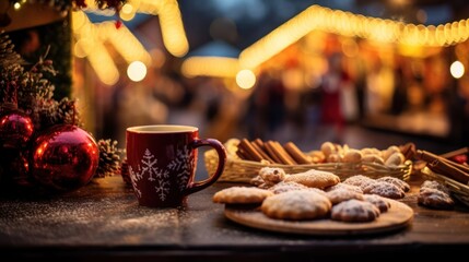 Savoring Christmas with Warm Hot Chocolate and Delicious Cookies Amidst the Shimmering Lights of a Festive Market.