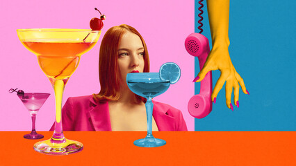 Young redhead girl tasting delicious sweet and sour cocktails on colorful background. Contemporary art collage. Poster. Concept of party, alcohol drink, inspiration, fun, Complementary colors. Pop art