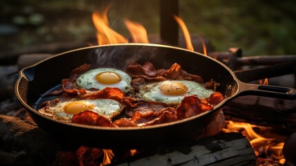 Skillet with fried eggs and bacon sizzling over an open campfire.