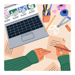 Studying online at laptop computer, hands taking notes at desk. Student learning in internet. Digital education, training at distance, webinar, remote class concept. Flat vector illustration - obrazy, fototapety, plakaty