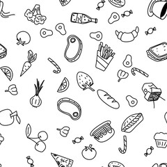 Vector seamless pattern with food doodles.
