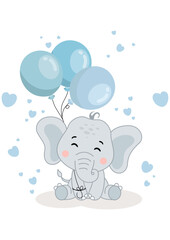 Cute baby elephant sitting holding a balloons
