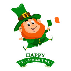 St. Patrick's Day, cute leprechaun with Ireland flag, shamrock leaves and greeting text. Illustration, postcard, banner, vector